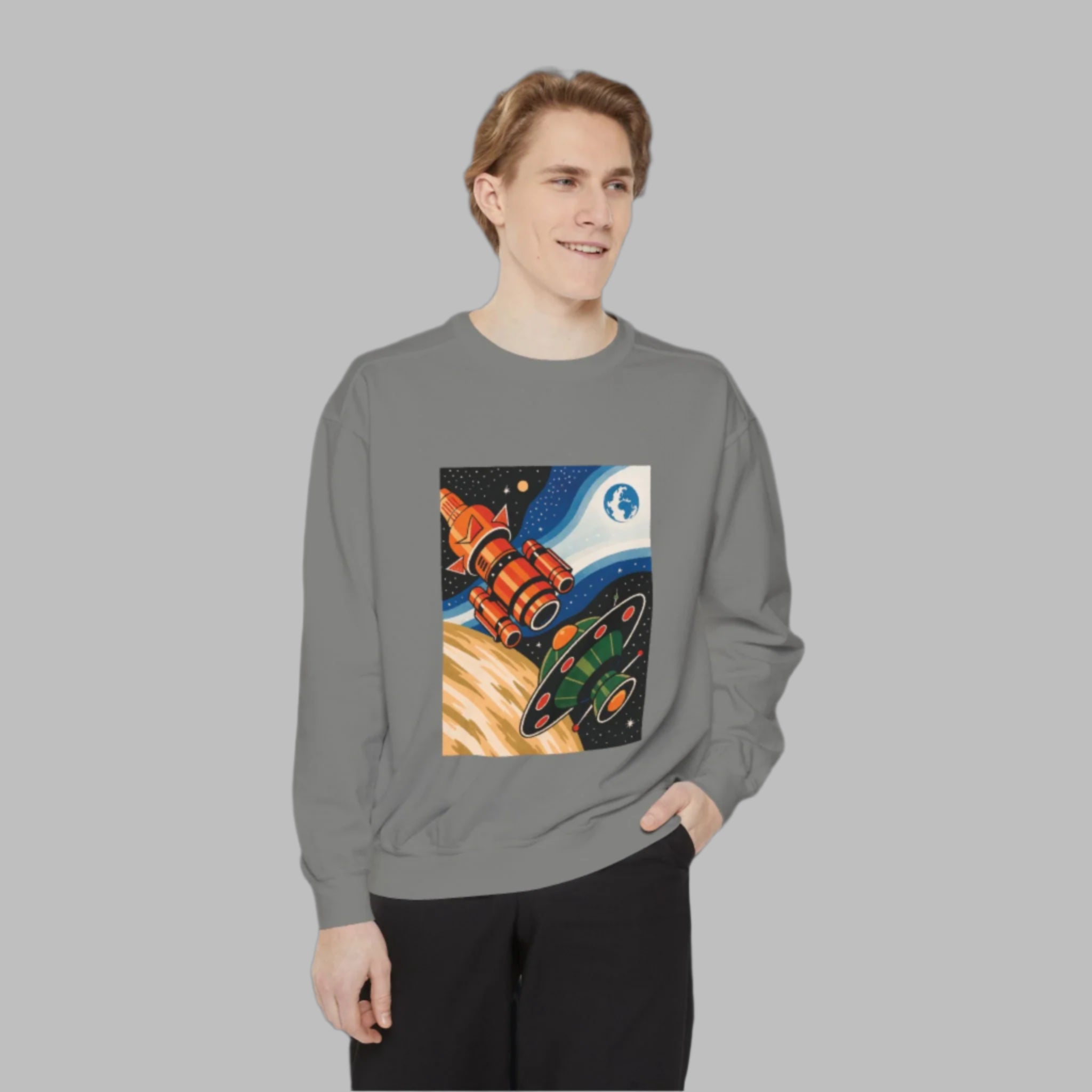 Space-Themed Unisex Sweatshirt | Cozy Cartoon Cosmos Design