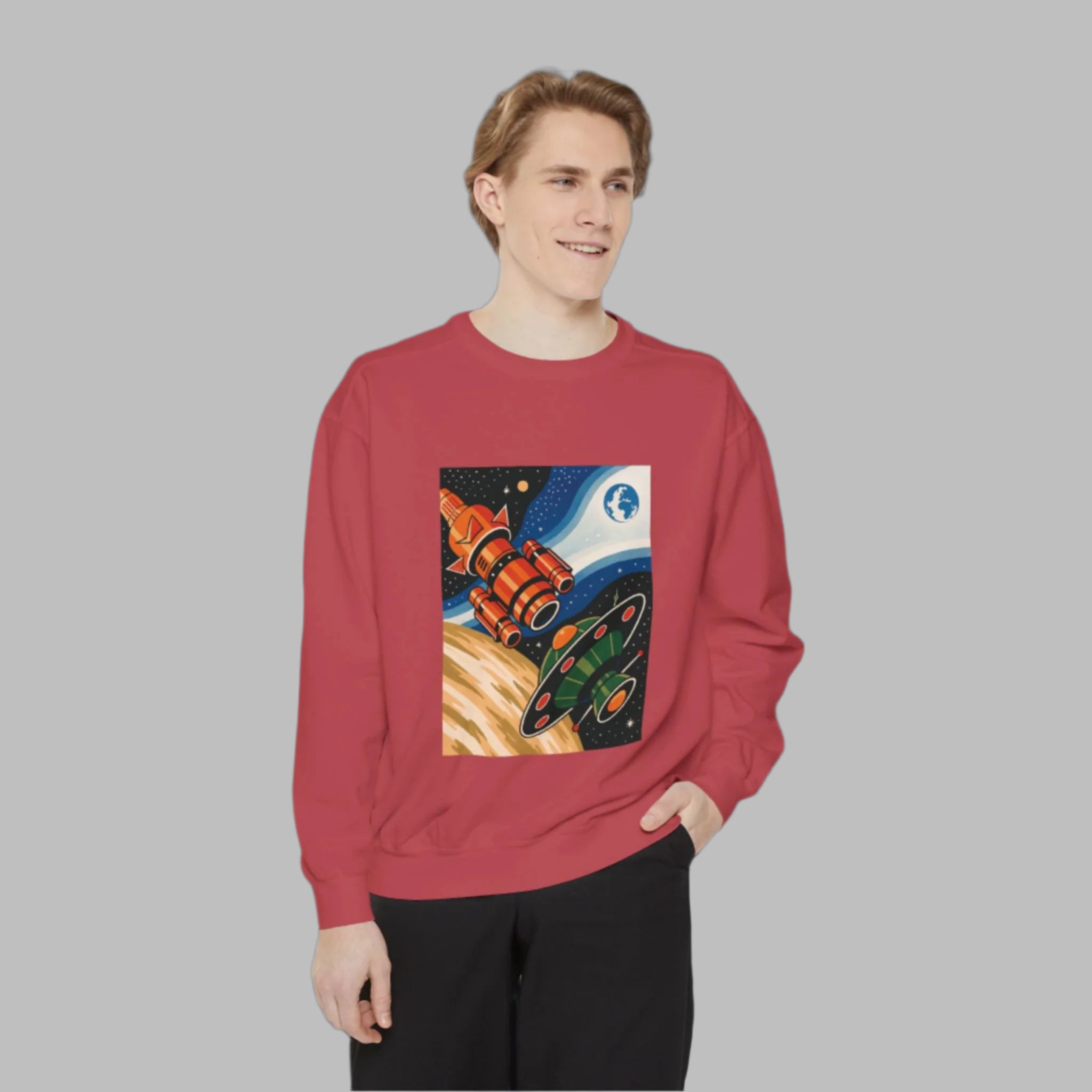 Space-Themed Unisex Sweatshirt | Cozy Cartoon Cosmos Design