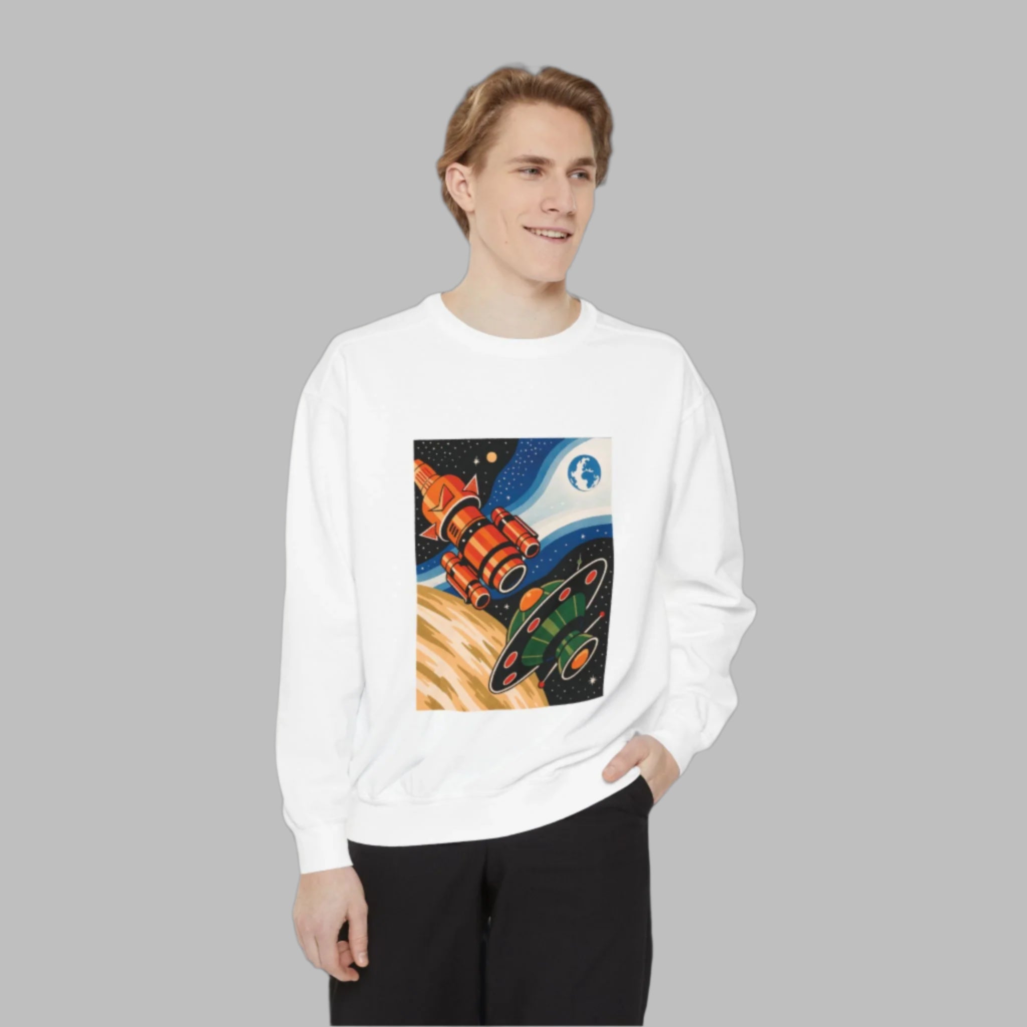 Space-Themed Unisex Sweatshirt | Cozy Cartoon Cosmos Design