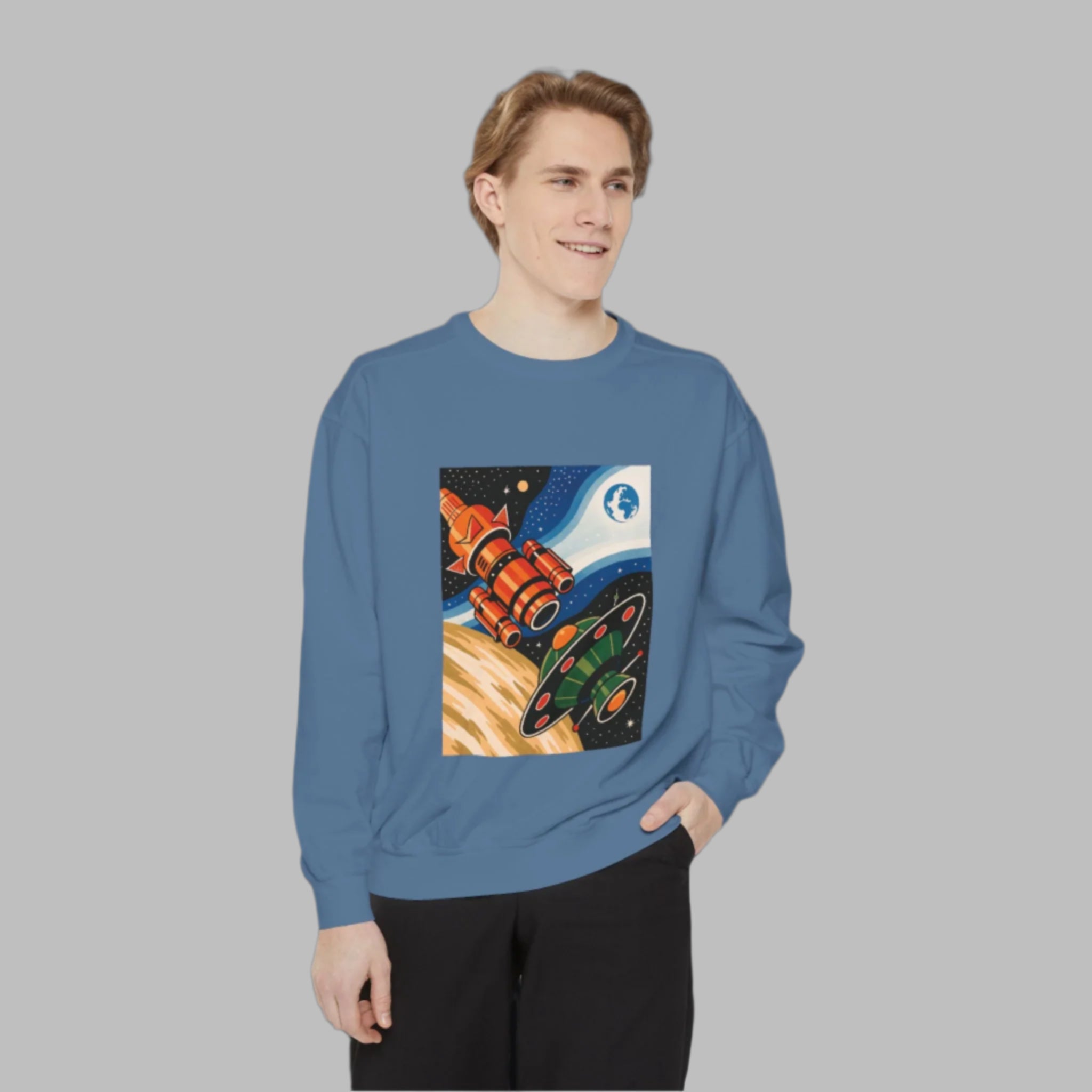 Space-Themed Unisex Sweatshirt | Cozy Cartoon Cosmos Design