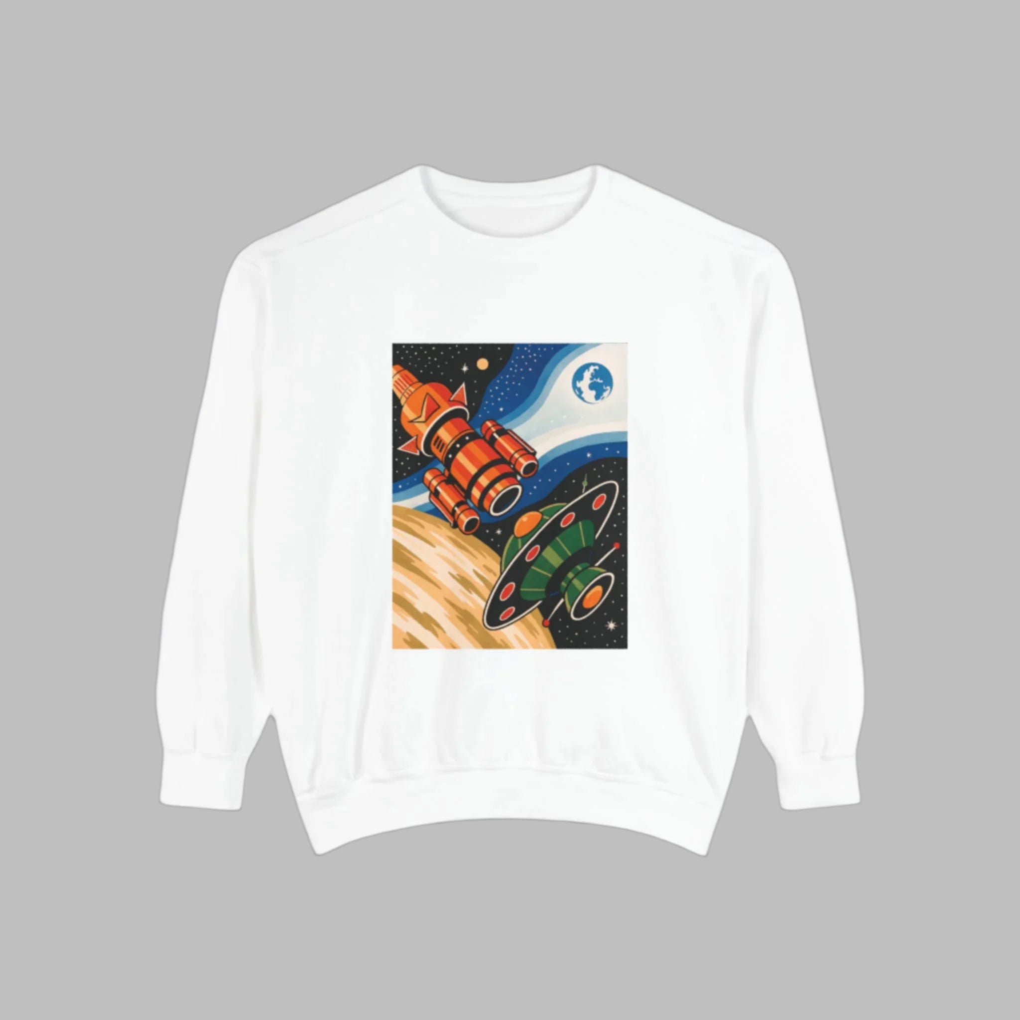 Space-Themed Unisex Sweatshirt | Cozy Cartoon Cosmos Design