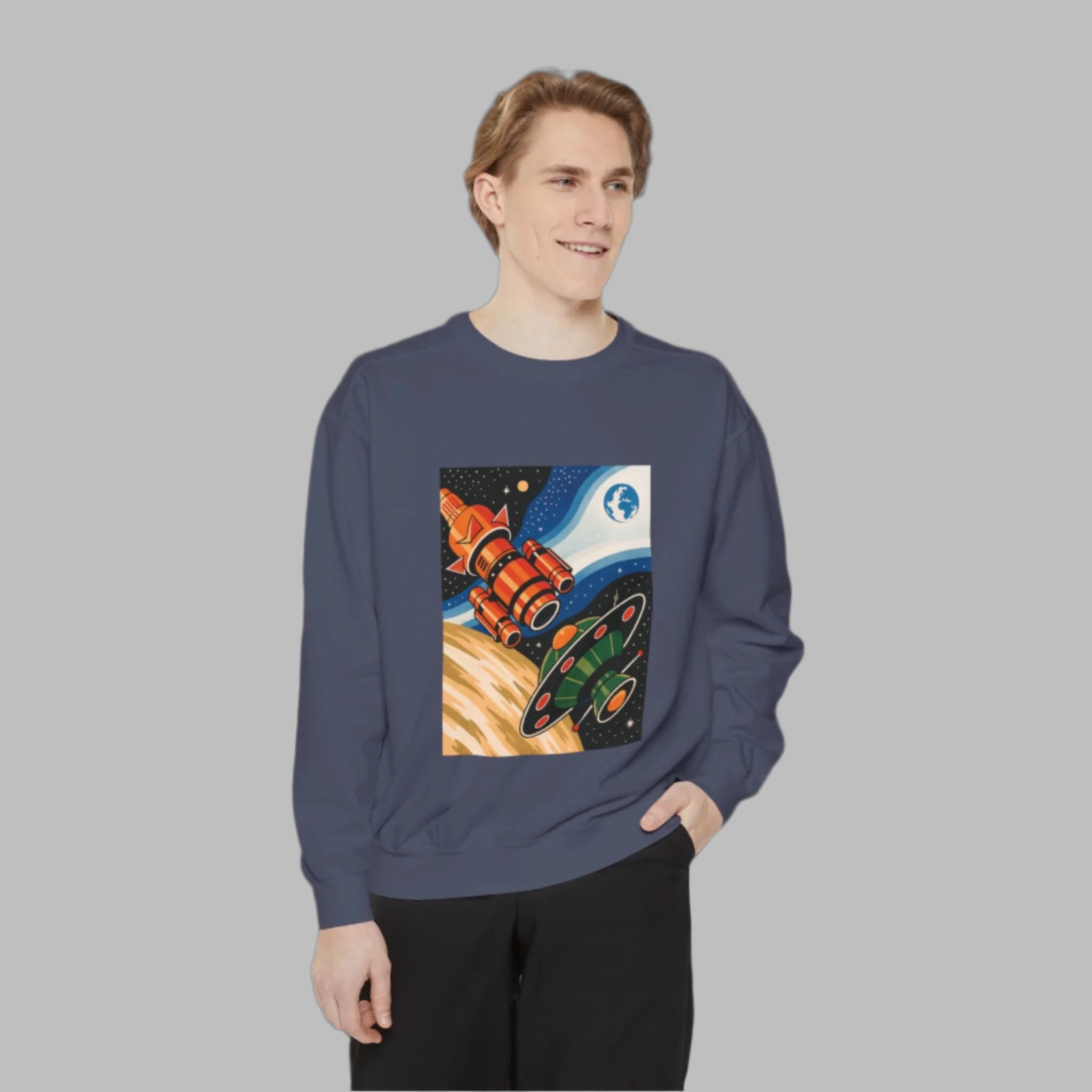 Space-Themed Unisex Sweatshirt | Cozy Cartoon Cosmos Design